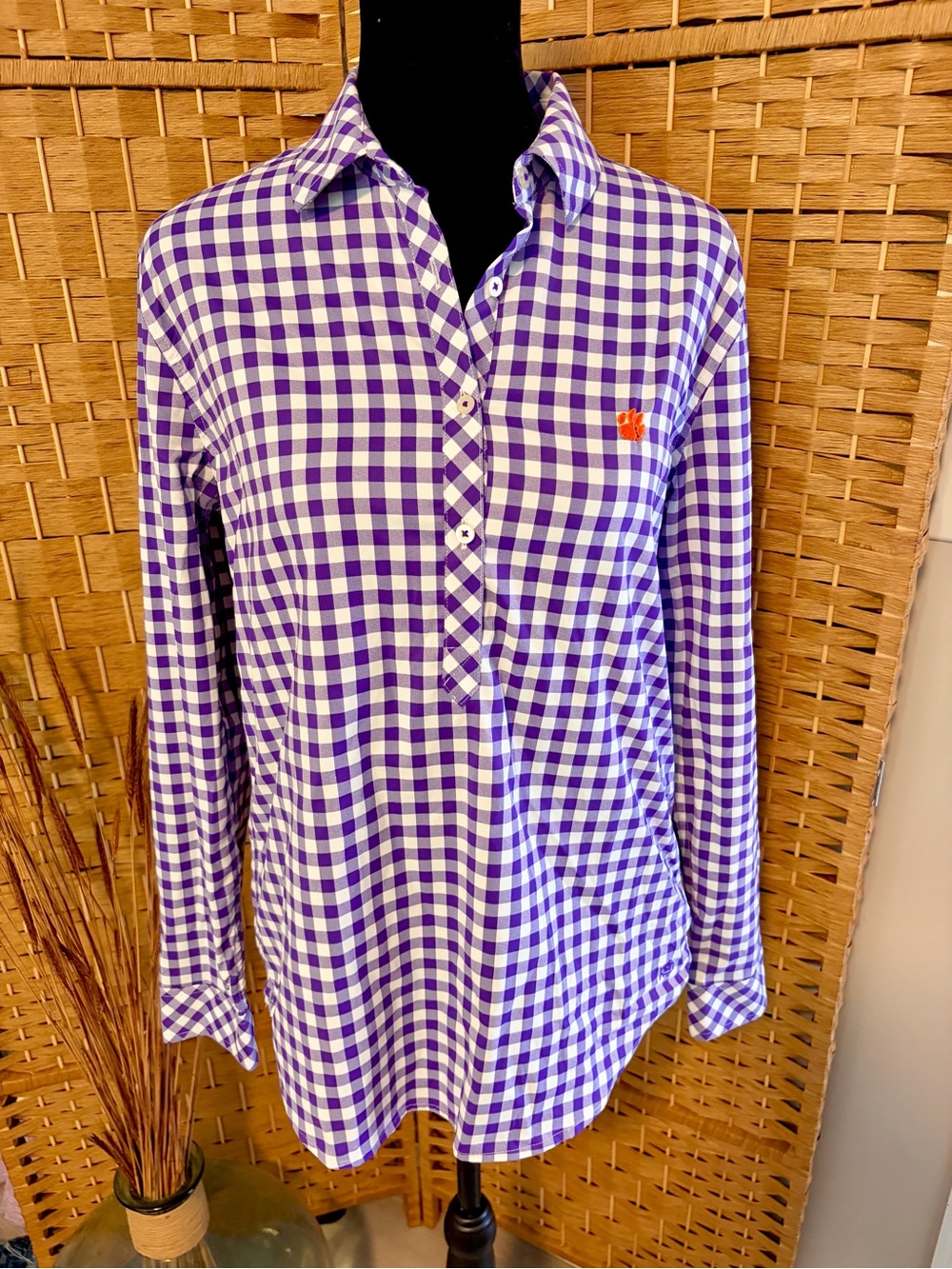 Southern Tide Clemson Purple and White Gingham 3/4 Button-Front Shirt